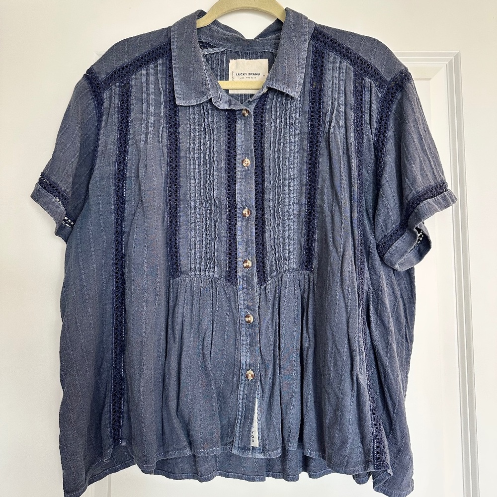Lucky Brand Short Sleeve Lace Insert Shirt | Sz XL